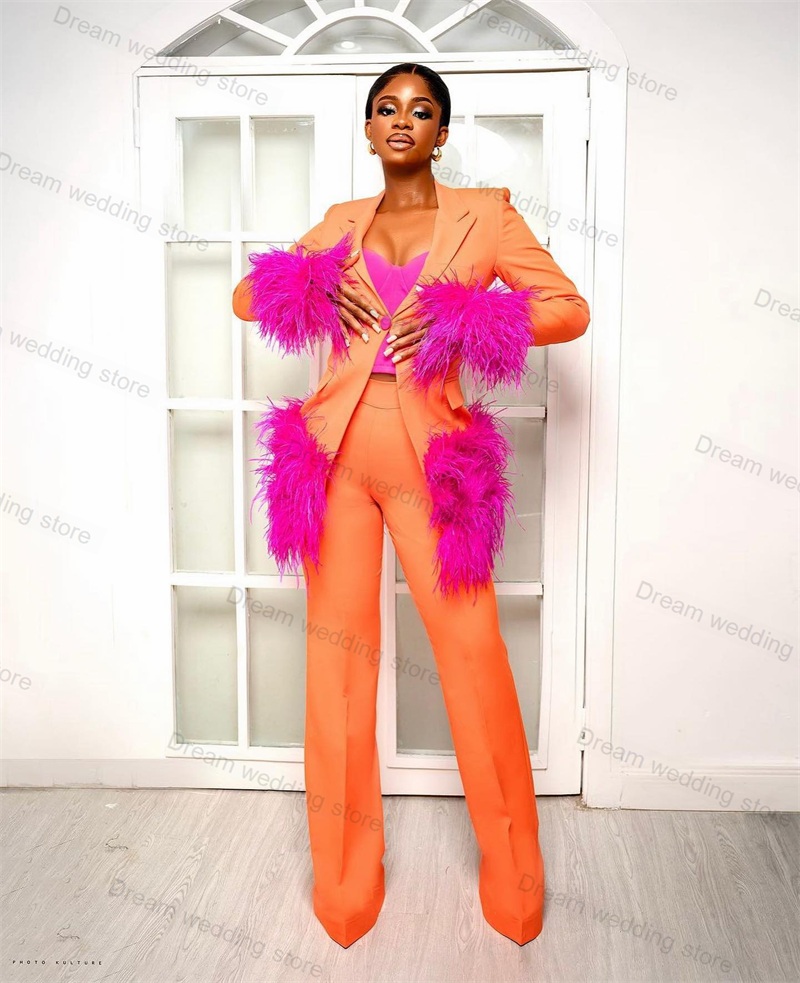 Women'S Formal Wear Tuxedo - Ostrich Feather Orange Women Suits Pants