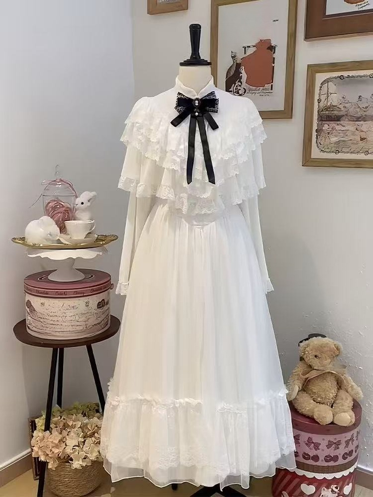 Women Formal Wear Outfits - Japanese Short Sleeve Bow Lace Dress